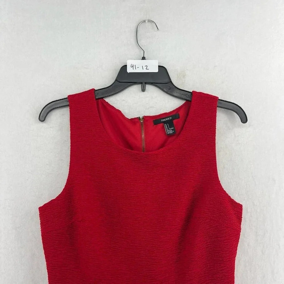 Forever 21 Dress Women's Sz L Red Fit & Flare Round Neck Pleated Back-Zip - Picture 13 of 13